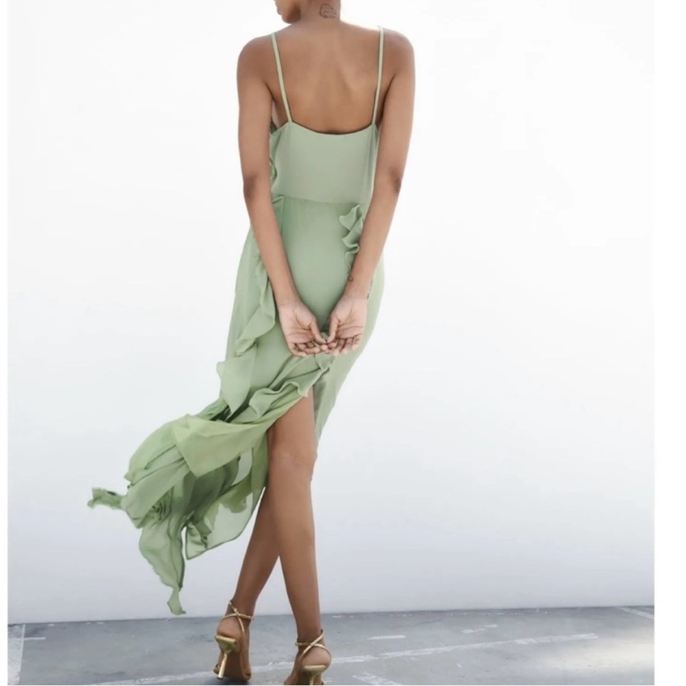 Zara Viral Ruffled V-Neck Sea Green SS23 Long Dress - Picture 4 of 4